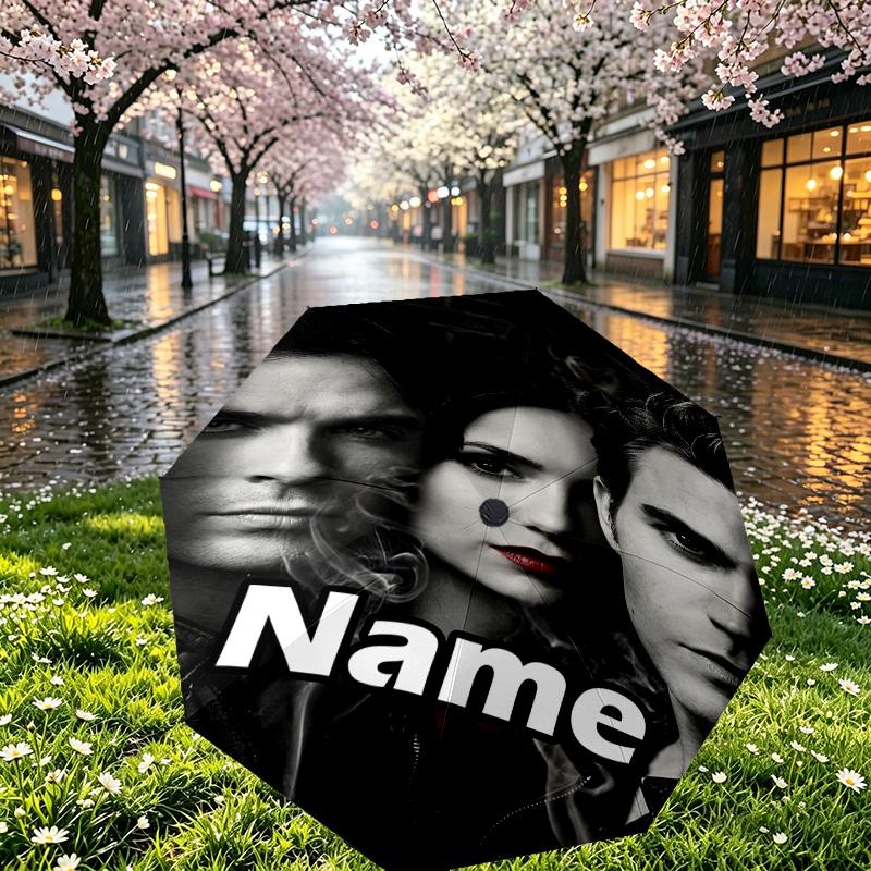 Custom Name Personalized The Vampire Diaries Print Umbrella, Auto Open Close, 8‑Rib Sturdy Frame, Commute Camping Hiking Use, Birthday Gift