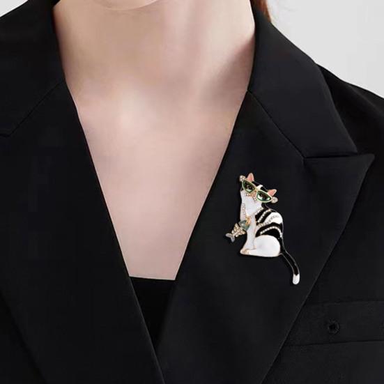 Broche Chat en Strass Scintillant Broche Pin avec Lunettes de Soleil Vertes Pendentif Poisson Émail Goutte d'Huile Badge Animal