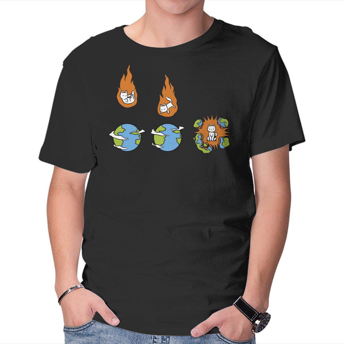 Unisex Crew Neck T-Shirt Cat Meteor Graphic Short Sleeve Casual Tee S