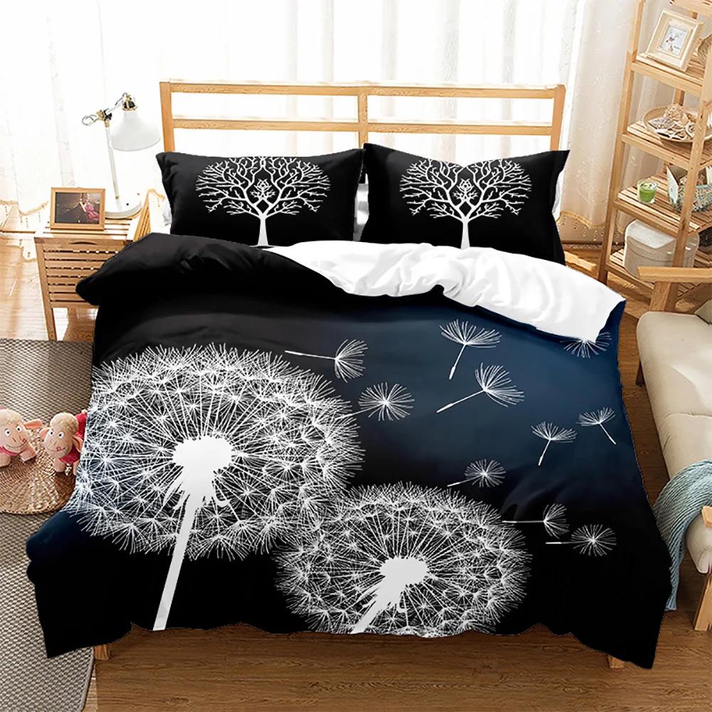 Print White Dandelion Sunflower Bedding King Bedroom Quilt Cover Set Black Blue Duvet Set Pillowcases Decorative 2/3Pcs Set