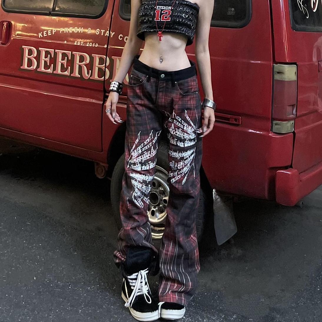 

Women s Plus Size Retro Plaid Scalloped Denim Wide Leg Pants красный