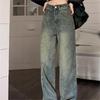Women's High-Waisted Retro Washed Denim Jeans, Winter Slimming Wide-Leg, Plus Velvet, Floor-Length Straight Pants