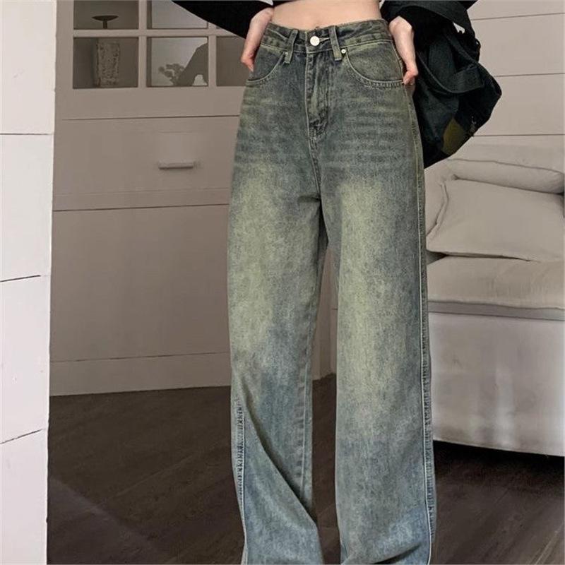 Women's High-Waisted Retro Washed Denim Jeans, Winter Slimming Wide-Leg, Plus Velvet, Floor-Length Straight Pants