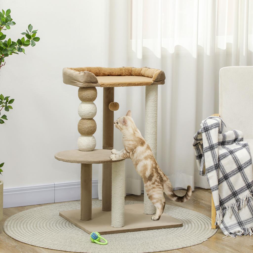 Cat Tree with 2 Levels, Play Ball, Scratching Posts, Scratching Balls, up to 7 kg, 56 x 54 x 86 cm, Brown