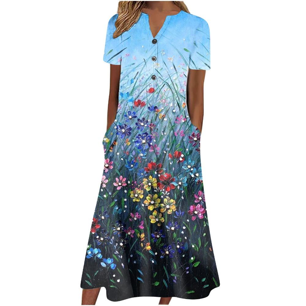 Women's V‑Neck Button Short Sleeve Midi Dress Loose Printed Casual Dress With Side Pockets