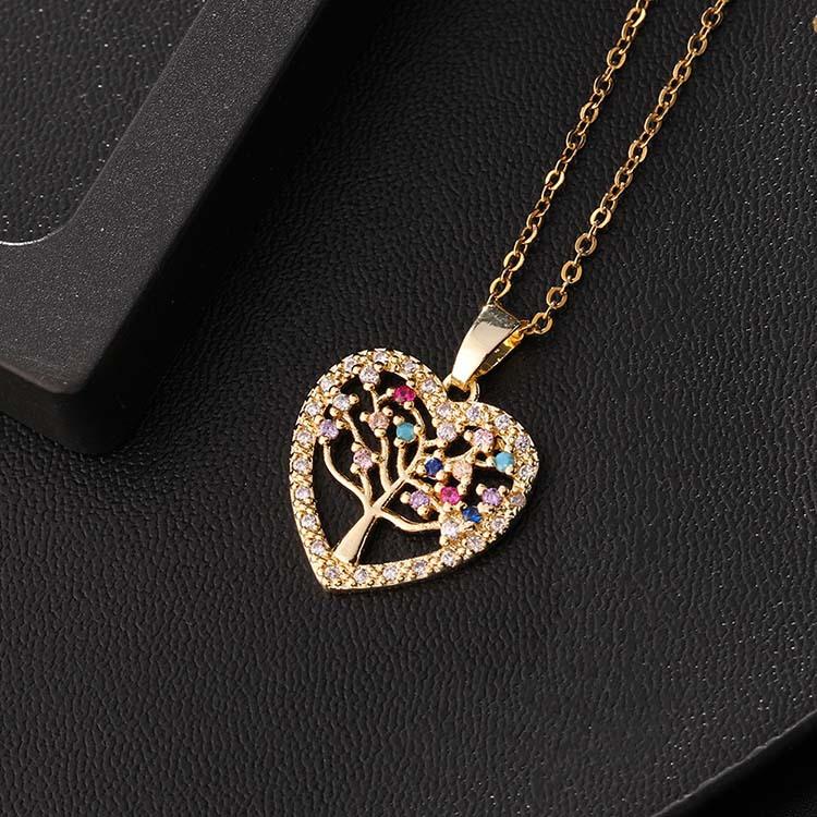 Colorful Zircon Hollow Heart Shape Tree of Life Pendant Necklace with Tassel Design Women's Jewelry