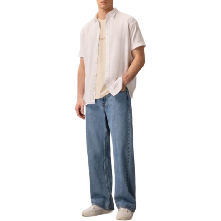 Calvin Klein Business Casual Commuter Minimalist Embroidered Cotton Linen Short Sleeve Shirt Men Shirts J317422-YAF