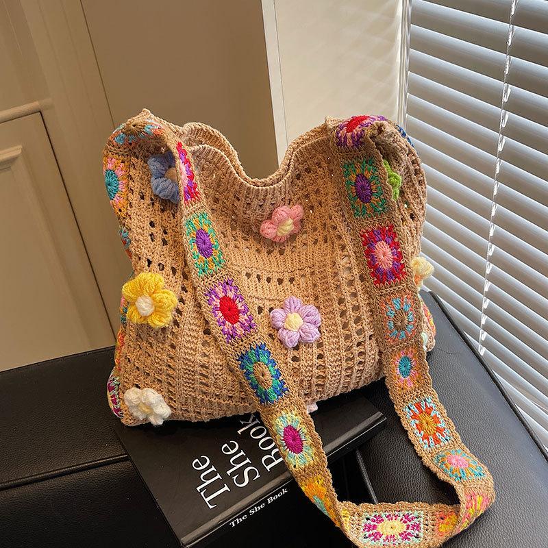 Spring and Summer Sweet Wind Gentle Flower Knitted Bag Women's Wind Light Messenger Tote Bag