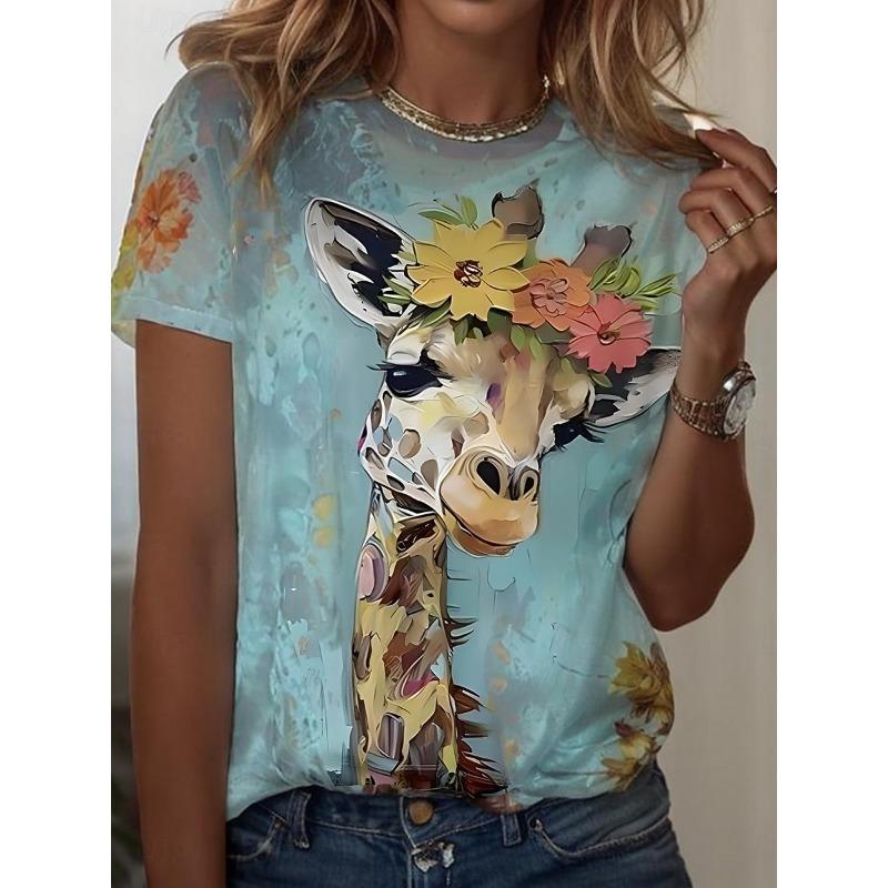 Women's T Shirt Print Graphic Animal Giraffe Vintage Stylish Classic Short Sleeve Crew Neck Round Neck Regular Tops