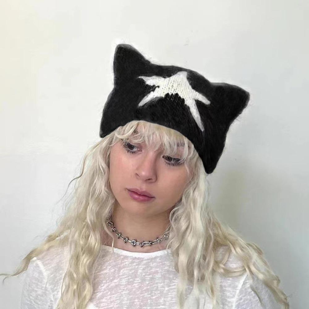 

Korean Style Knitted Pullover Hat Butterfly Brimless Beanie Cap Cat Ear Woolen Hat Outdoor cyan-star
