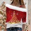Women's Off Shoulder Furry Trim Long Sleeve T-Shirt Christmas Glitter Star 3D Print Elegant Winter Casual Top