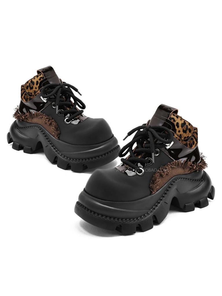 Fashion Punk Style Women Black Leopard Print Metal Lace-up Heel Height Platform Shoes Gothic Sneakers Women Ankle Boots 2025 New