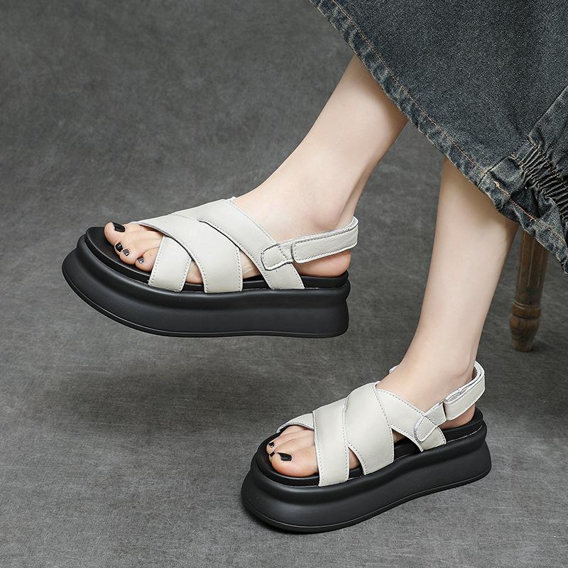 Fashion 5cm Sheepskin Leather Women Sandals Slippers Flats Summer Platform Wedge Flats Mary Jane Shoes Luxury Hook Peep Toe