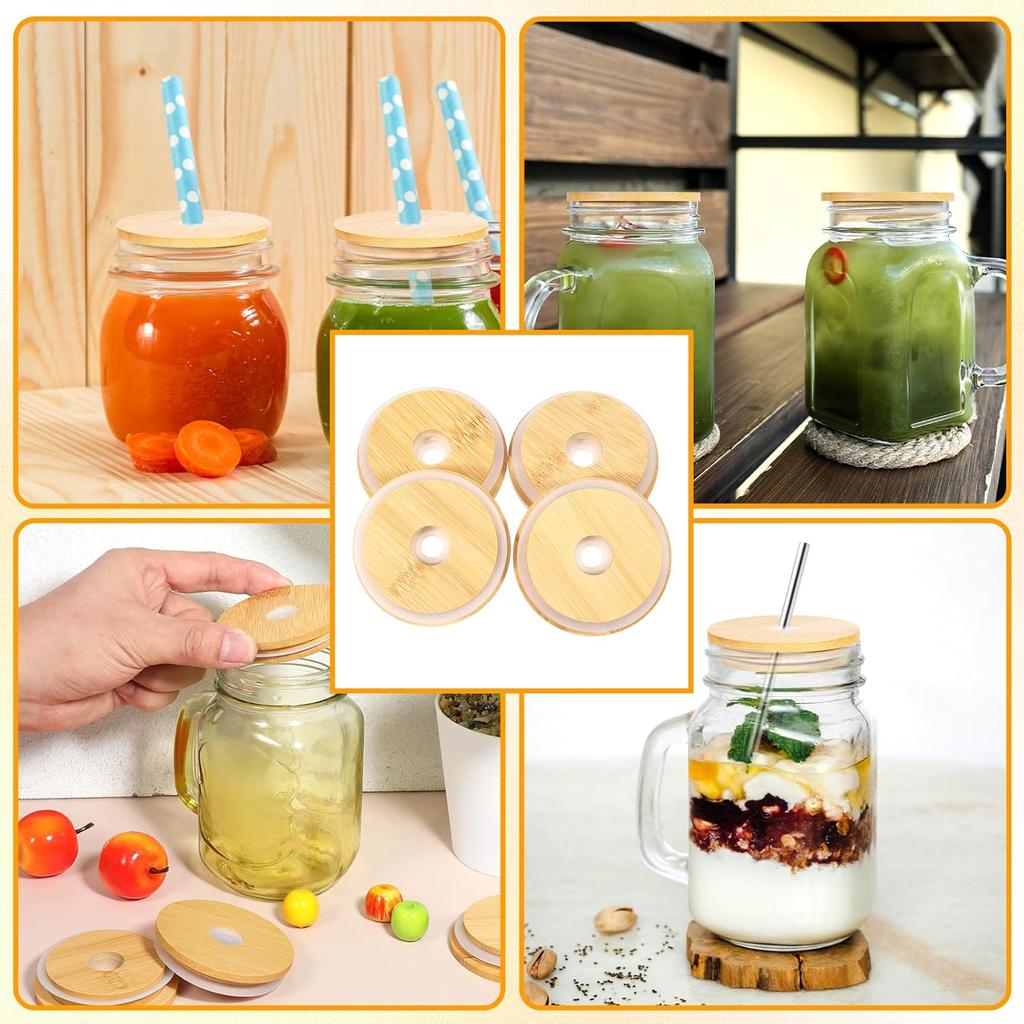 Bamboo Lids for Glass Cups with Straw Hole Reble Wooden Cup Lids Replacment Wood Lid Cover for Mason Jar Regular Mouth Beer Glasses Drinking Jars