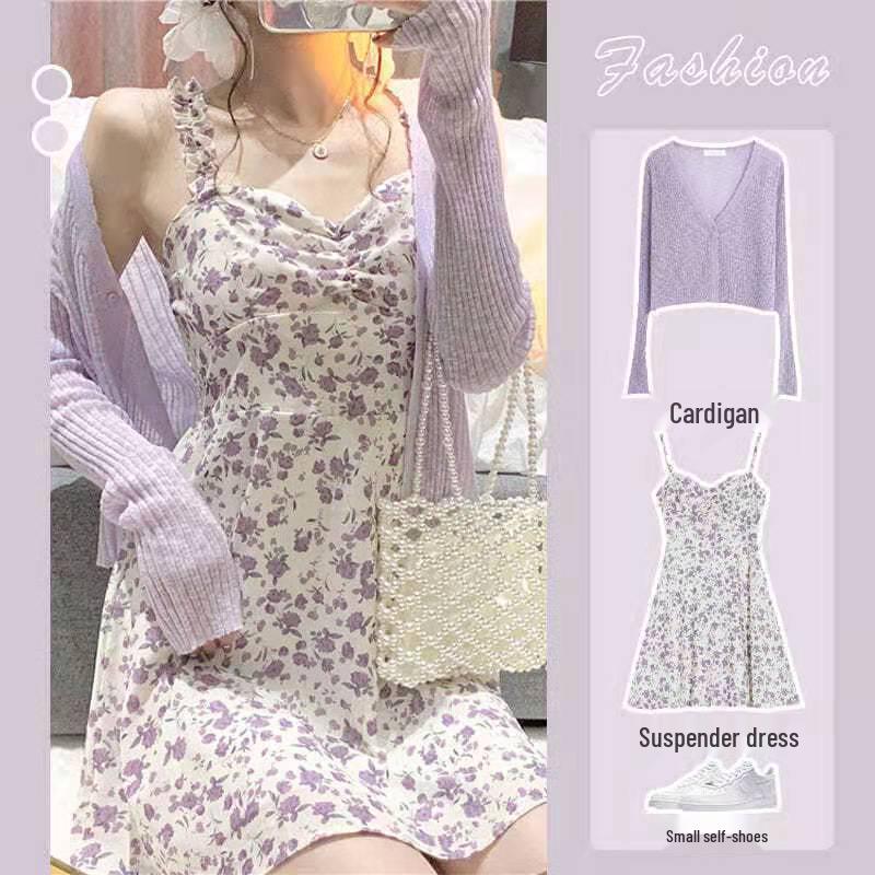 Women's Floral Suspender Dress Set: Sweet & Spicy Summer Style with Short Skirt and Sun Protection Cardigan.