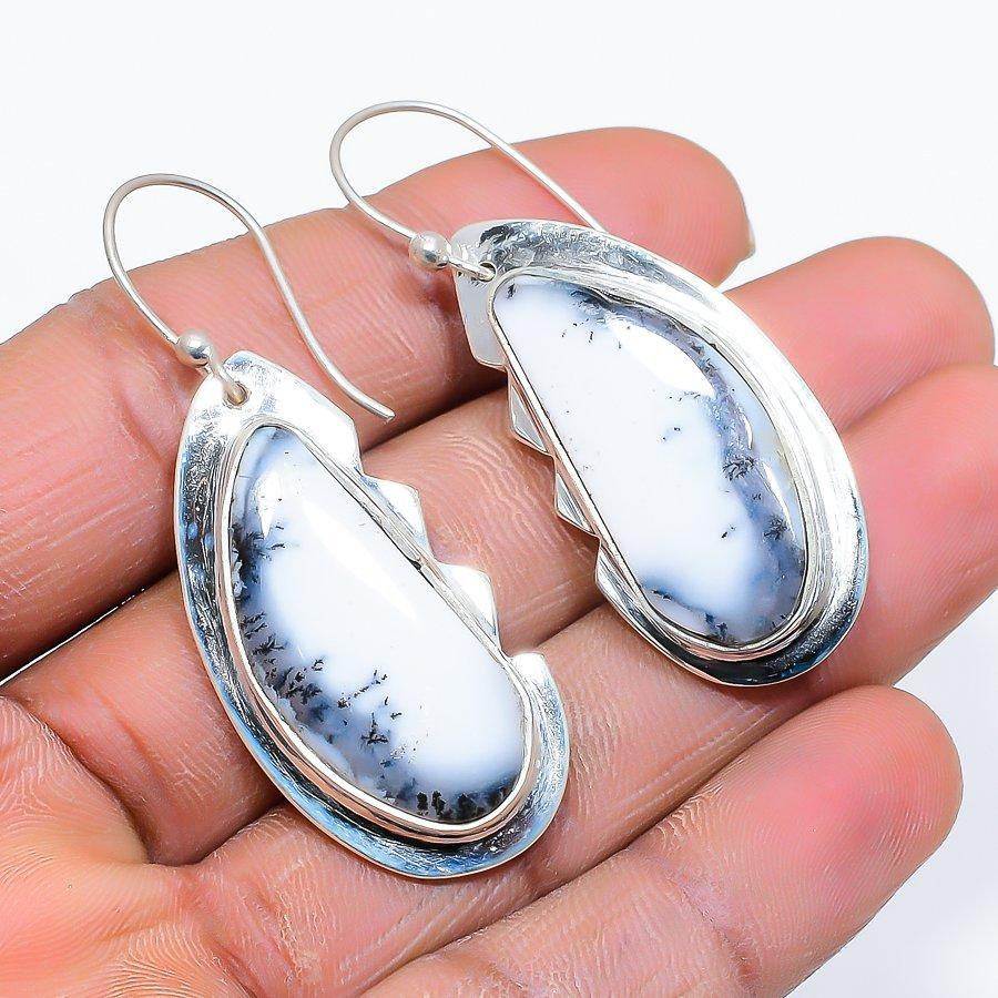 Dendrite Opal Gemstone Handmade 925 Sterling Silver Jewelry Earring 1.97" SU-10121