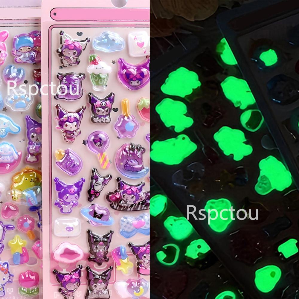 Cute Luminous Sanrio 3D Relief Stickers Kuromi Cinnamoroll My Melody Bubble Decals Cartoon Reward Decoration Sticker Toys