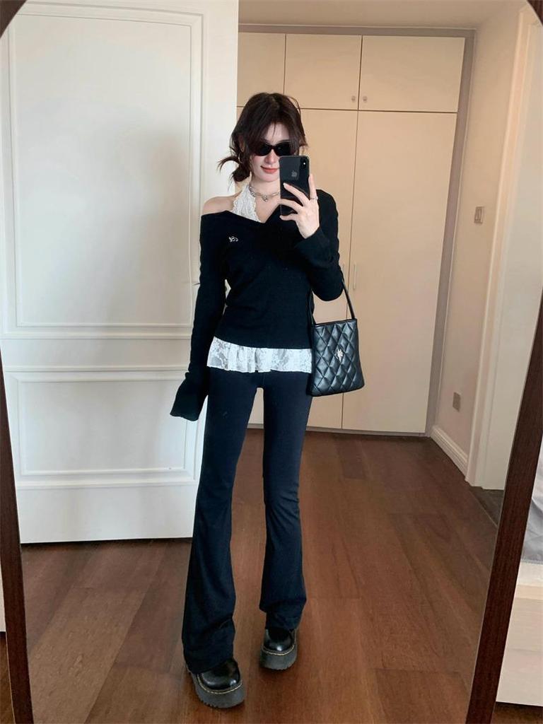 Women's Sweet & Spicy Chic Embroidered Slimming Black Long-Sleeve Sweater for Early Autumn