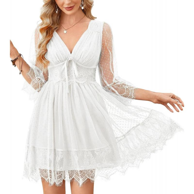 2026 summer lace premium temperament loose lazy splicing deep V-neck pleated dress