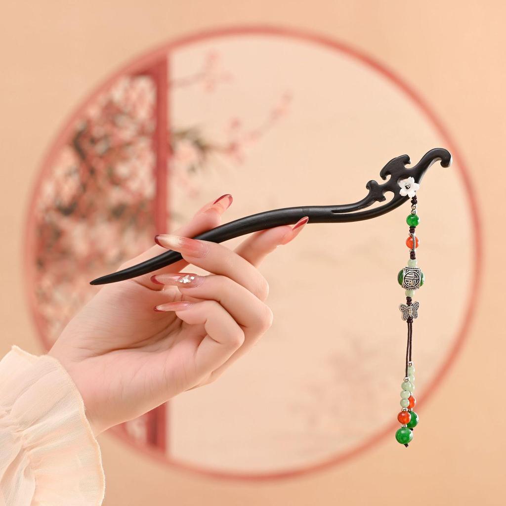 Ancient Style Black Sandalwood Tassel Hairpin for Qipao & Hanfu