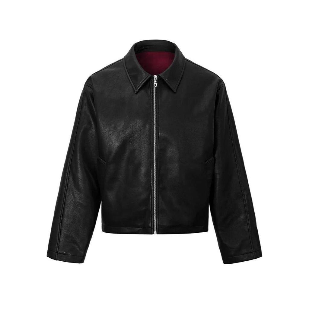 Men's High-End Retro Red-Lined PU Leather Jacket with Straight Shoulders and Top Lapel