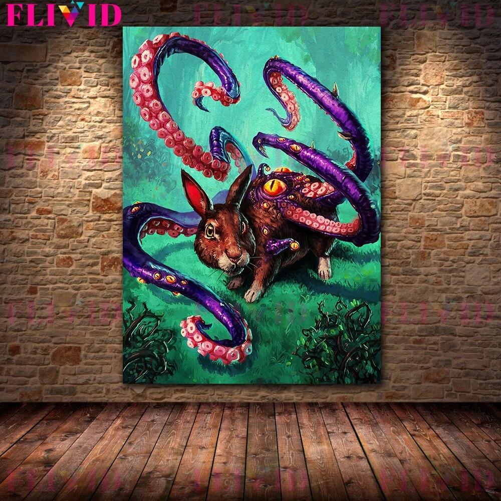 Flying Fox,Raven Winged Cat,Gold Mule-Deer Vintage Wall Art Canvas Painting Mysterious Magical Creature Art Poster Print Decor No Frame
