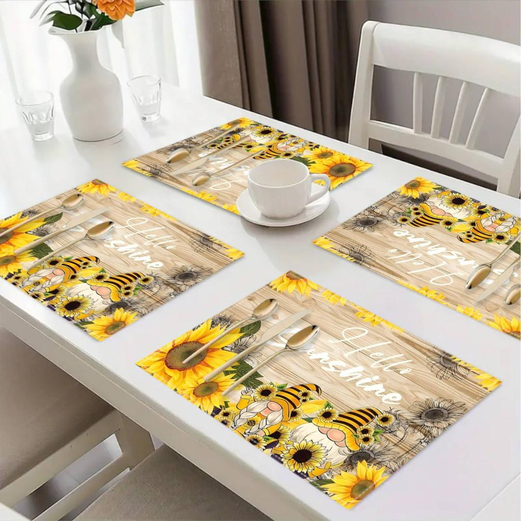 4pcs/1 Set Linen Placemats, Sunflower and Gnome Design Placemats, Table Decor, Home Decor,Party Catering Decor, Holiday Placemats,12x18 Inch Placemats