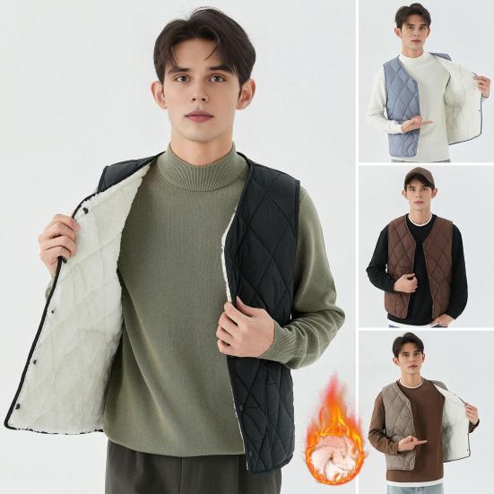 Men Winter Waistcoat No Collar Single Breasted Solid Color Waistcoat with Pockets Thickened Velvet Lining Vest Coat