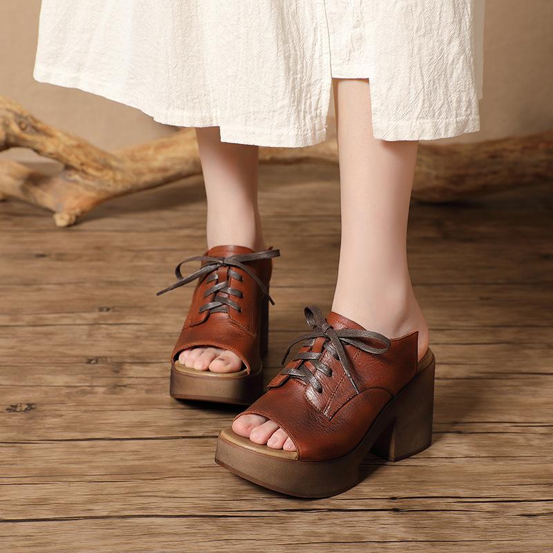 Fashion GKTINOO Women Leather Mules High Heels Slippers Women Handmade Platform Genuine Leather Slippers Peep Toe Shoes 2024