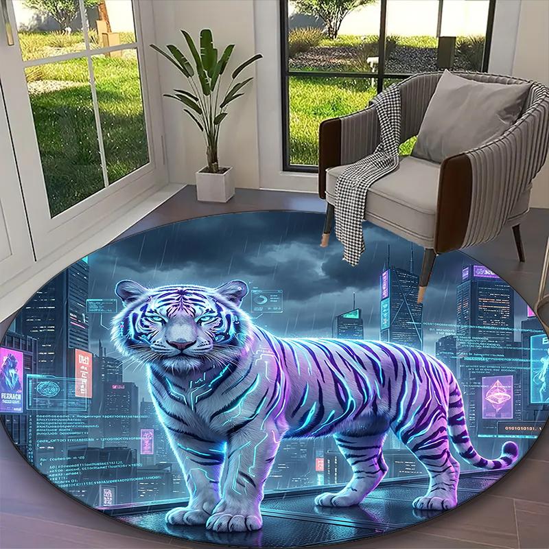 1pc White Tiger D Printed Chair Rug for Home Office Use, Living Room Kitchen Game Room Round Carpet