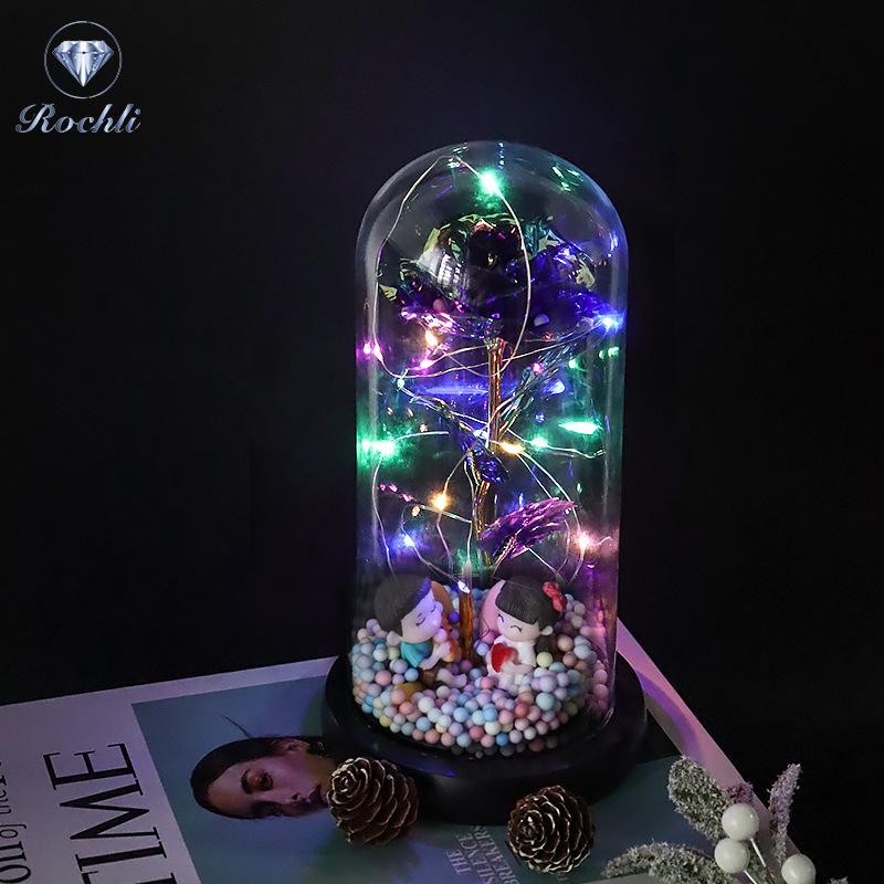 Rose Flower Preserved in Glass Dome with Night Light - Mother's Day or Birthday Gift Ornament