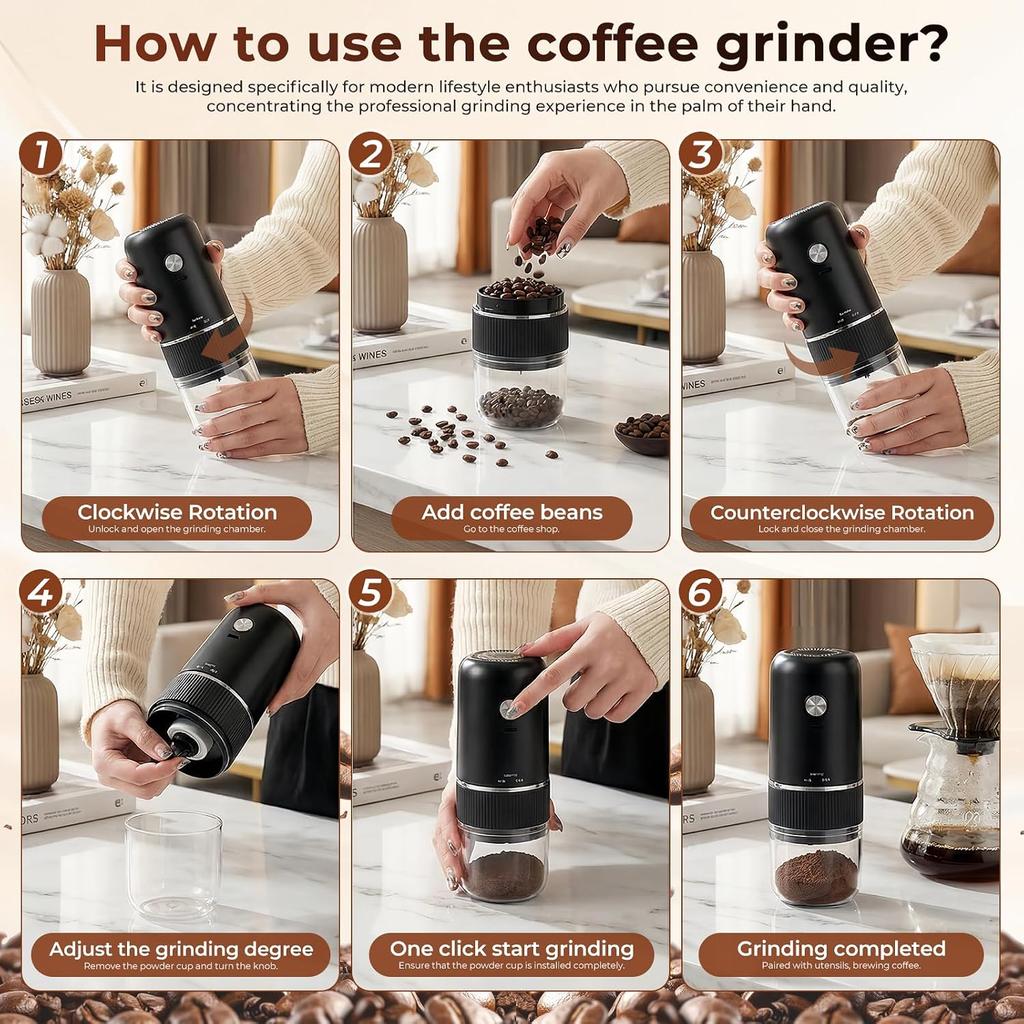 Electric Coffee Grinders, Rechargeable Adjustable Coarseness, Small Coffee Grinder for Travel, Camping