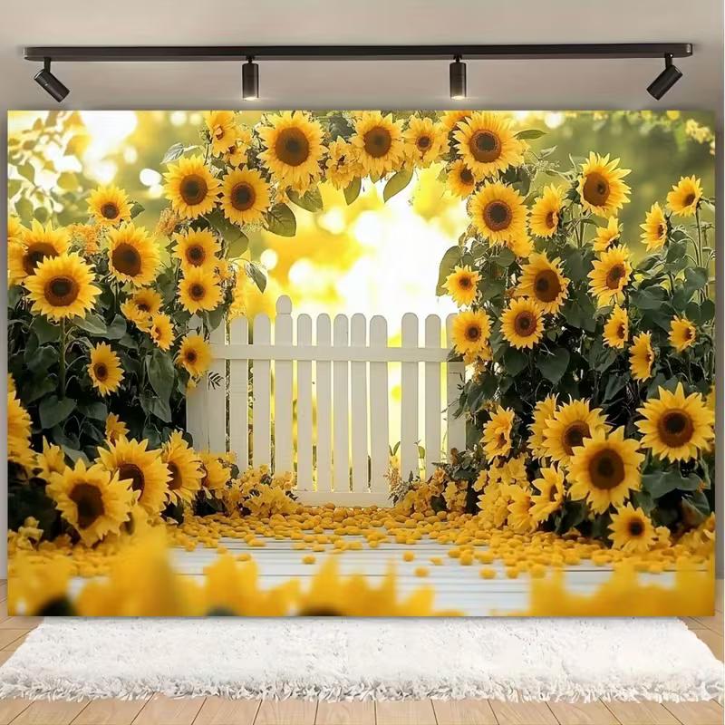 2D Sonnenblumenbogen Kulisse, Heller Sonnenblumengarten mit Zaun Hintergrund für Hochzeits- & Geburtstagsveranstaltungen