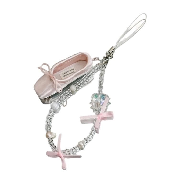 Sweet Bowknot Ballet Shoes Anti-lost Strap Crystal Pearl Beaded Phone Chains