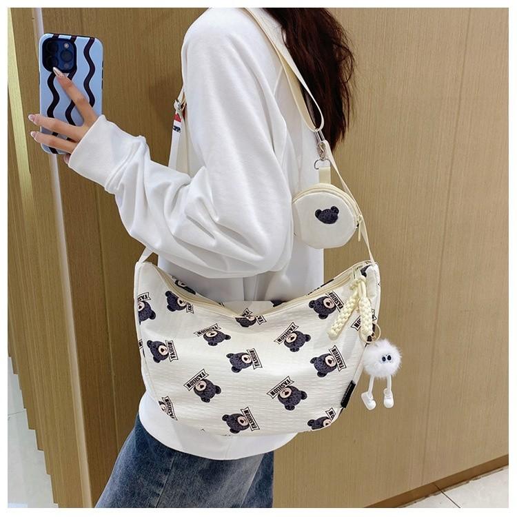 Cute Bear Print Cotton Shoulder Bag For Daily Use With Zipper Closure And Mobile Pocket