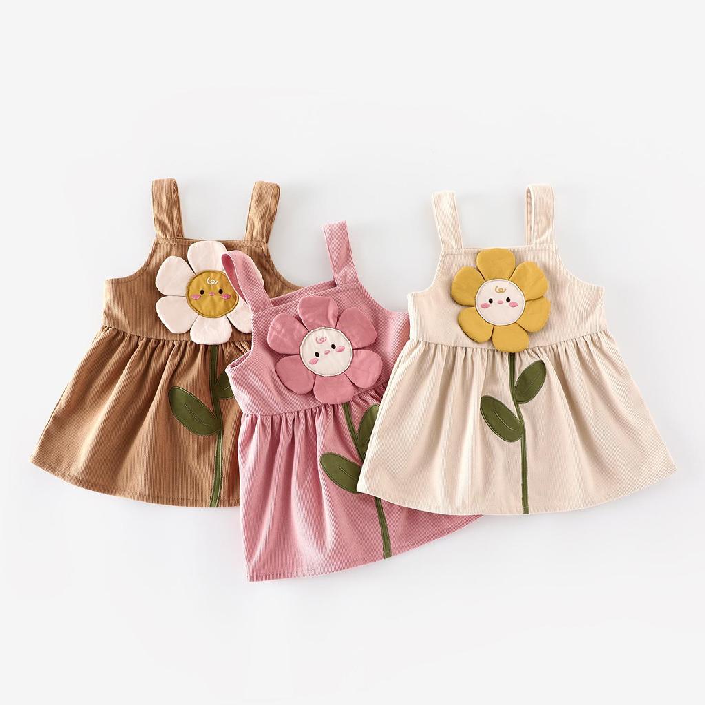2025 Autumn Girls' Floral Embroidered Cartoon Suspender Dress - Korean Style