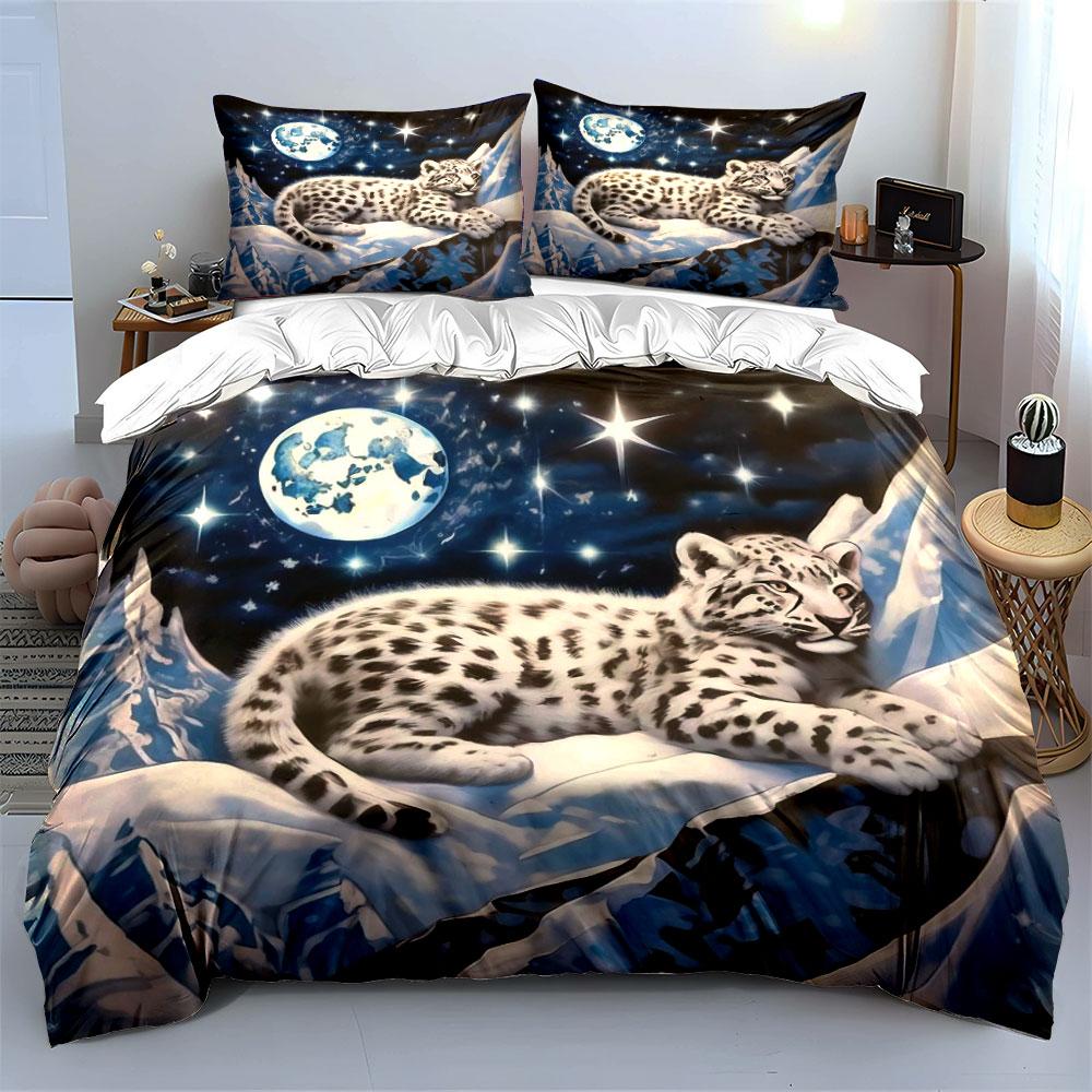 Starry Full Moon Snow Mountain Snow Leopard Cub Bedding SetSoft Skin-Friendly Bedding Set1 Duvet Cover And 2 Pillowcase Gift