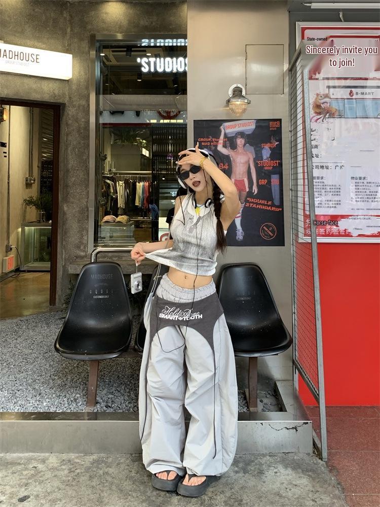 Women's Hip-Hop Style Patchwork Wide-Leg Overalls for Spring/Summer