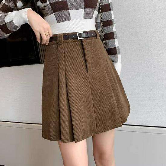Women's A-Line Pleated Corduroy Wool Skirt with High Waist and Built-in Shorts for Autumn/Winter 2024.