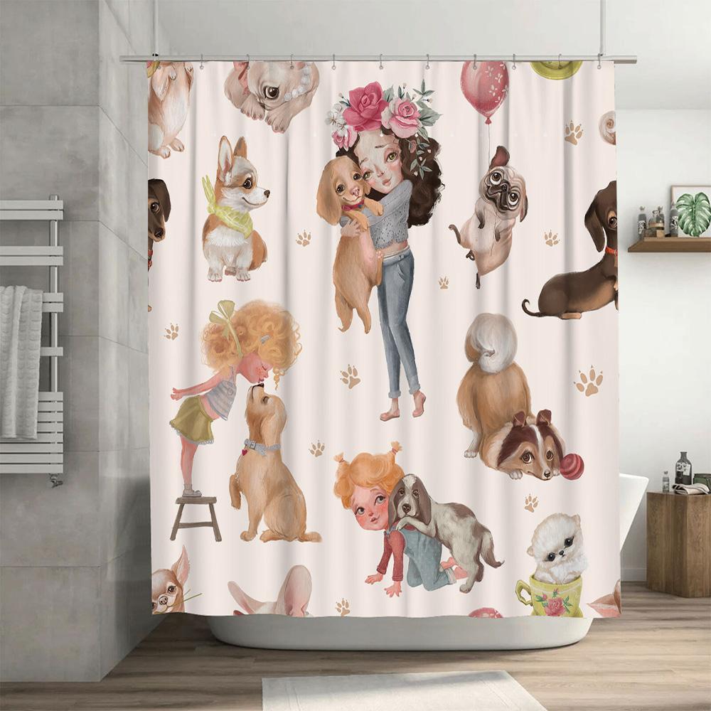 Whimsical Dog Cat Printed Shower Curtain Waterproof Bathroom Decorative Liner Pink Palette Set