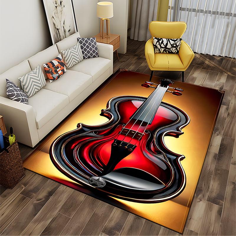 Elegant Red Violin Design Carpet suitable as a non-slip mat for the living room or bedroom sofa