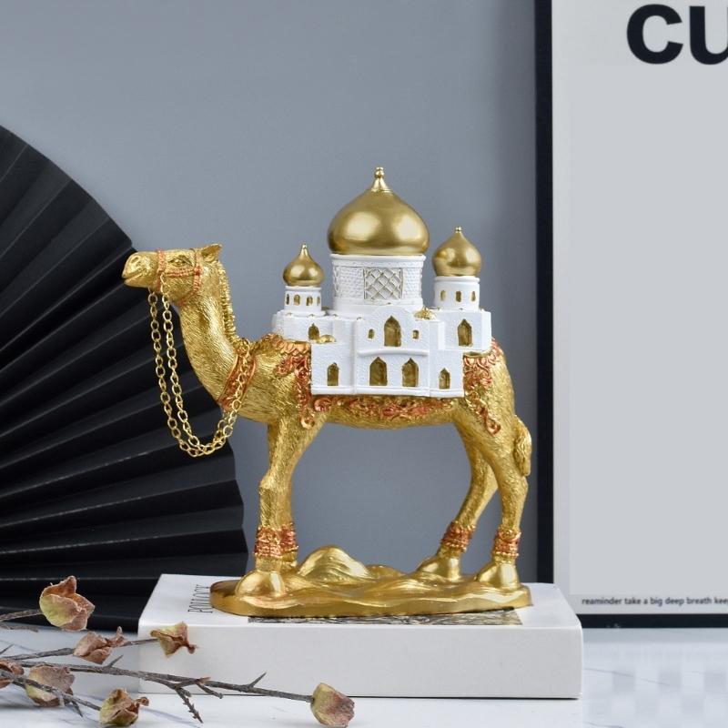 Camels Figurine with Mosque Tower Resin Camels Statue Ornament for Ramadans Eid Mubarak Home Decors Collectibles Gift