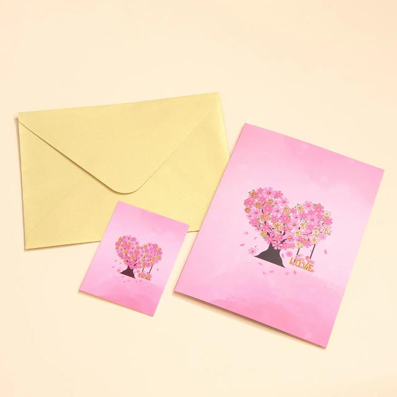 Romantic Cherry Blossom 3D Pop-Up Greeting Card Paper Art, Love Heart Giving Tree for Mother's Day, Wedding, Valentine's Gift