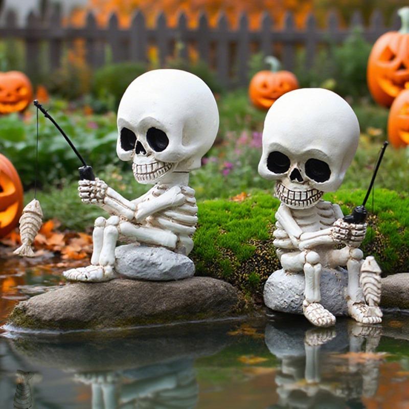 Shaking Head Fishing Skeleton Statue Figurine, Halloween Home Pond Decoration and Display Resin Handicraft
