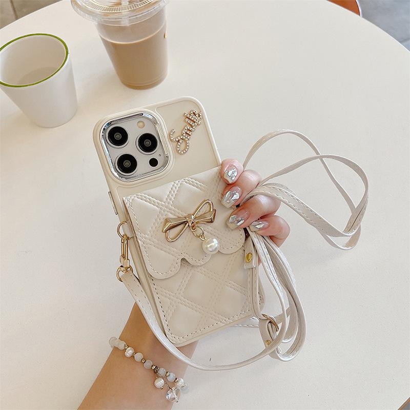 Bow Pearl Wallet Phone Case for IPhone17Promax Crossbody Rope Rhinestone English for Apple 15 Female