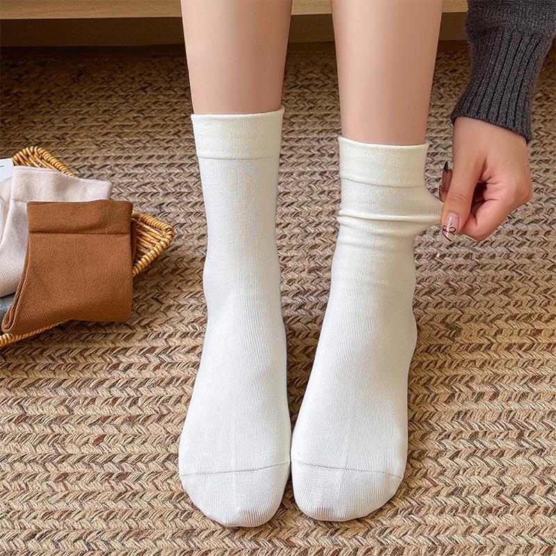 Zhuji Women's Pure Cotton Mid-Calf Socks: Soft, Breathable, Solid Color, Fluffy, Loose Cuff - Perfectly Pair with Birkenstocks.