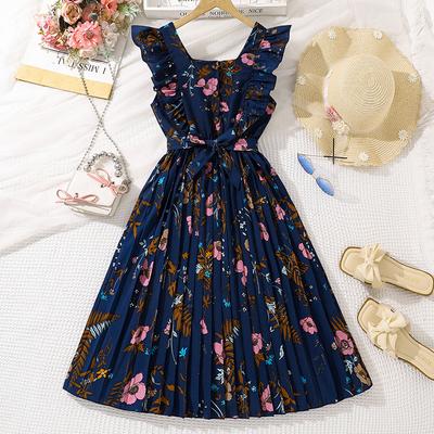 Mädchen Kleid Kinder Kleidung Sommer Hosenträger Retro Gedruckt Temperament Plissee Kleid