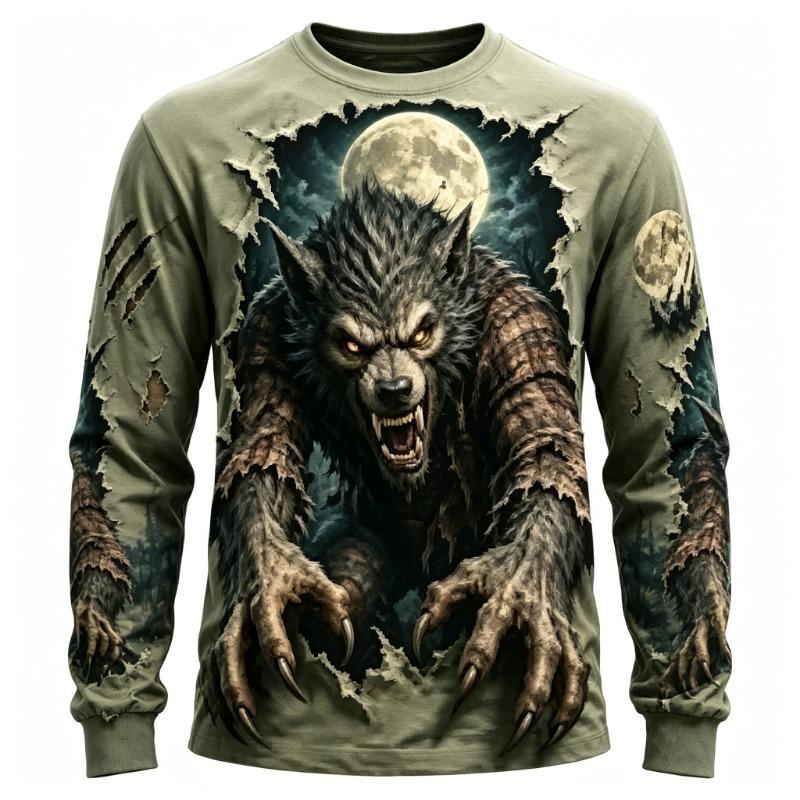 Men's Long Sleeve T-Shirt Werewolf Full Moon 3D Print Gothic Horror Crew Neck Casual Top