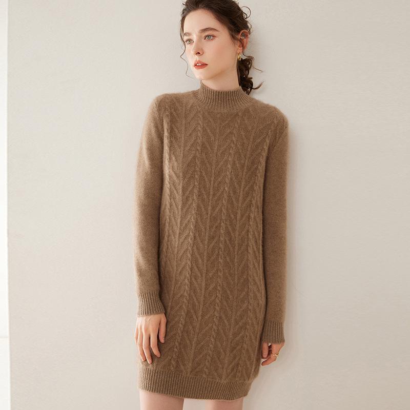 2024 Autumn/Winter Plus Size Cashmere Cable Knit Dress – Women's Mid-Length European/American Style with Half-High Neck