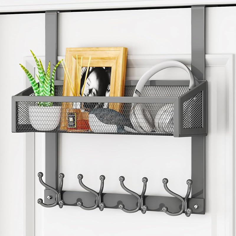HapiRm Over the Door Hanger with Coat Hooks and 2 Baskets, Rustproof & Waterproof Over the Door Hooks, Storage Organizer for Hats, Bathroom, Kitchen,
